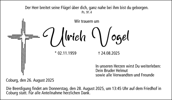 Traueranzeige von Ulrich Vogel von Neue Presse Coburg