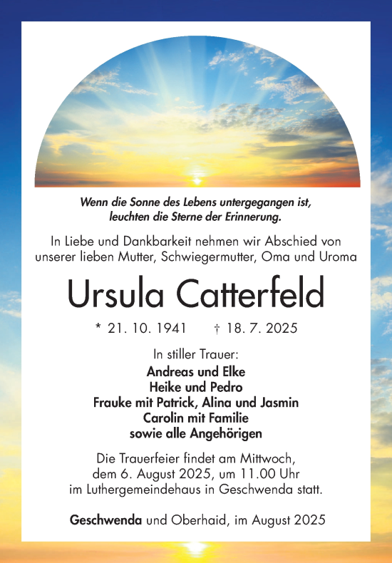 Traueranzeige von Ursula Catterfeld von Südthüringer Presse