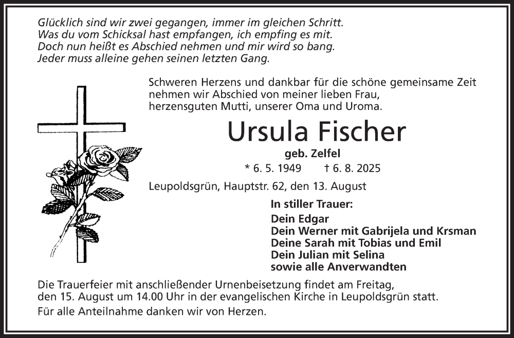  Traueranzeige für Ursula Fischer vom 13.08.2025 aus Frankenpost