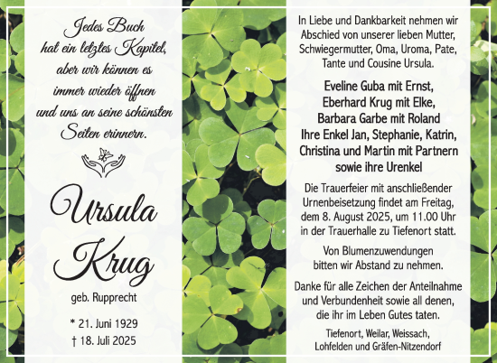 Traueranzeige von Ursula Krug von Südthüringer Presse