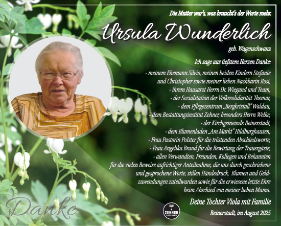 Traueranzeige von Ursula Wunderlich von Südthüringer Presse