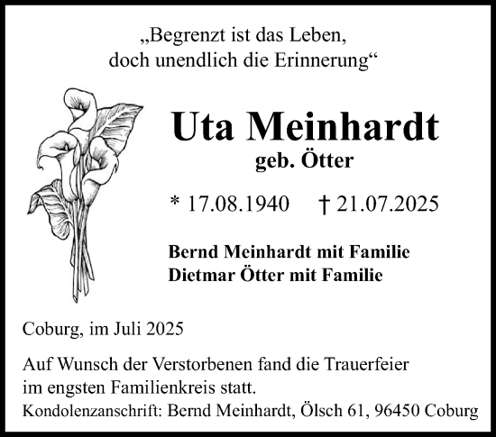 Traueranzeige von Uta Meinhardt von Neue Presse Coburg