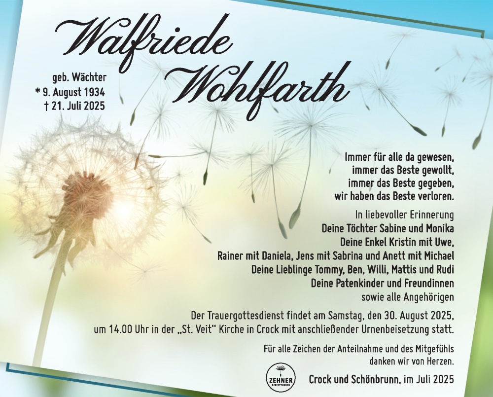  Traueranzeige für Walfriede Wohlfarth vom 23.08.2025 aus Südthüringer Presse