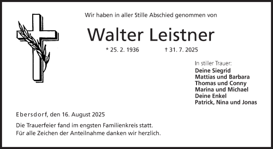 Traueranzeige von Walter Leistner von Neue Presse Coburg
