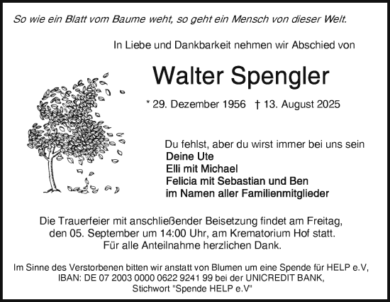 Traueranzeige von Walter Spengler von Frankenpost
