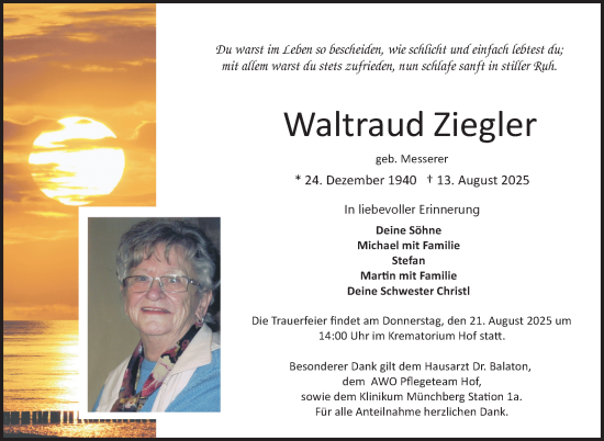 Traueranzeige von Waltraud Ziegler von Frankenpost