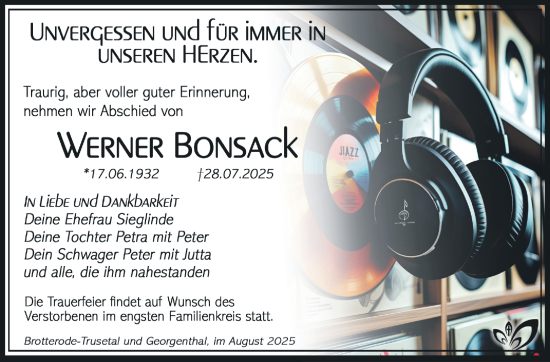 Traueranzeige von Werner Bonsack von Südthüringer Presse