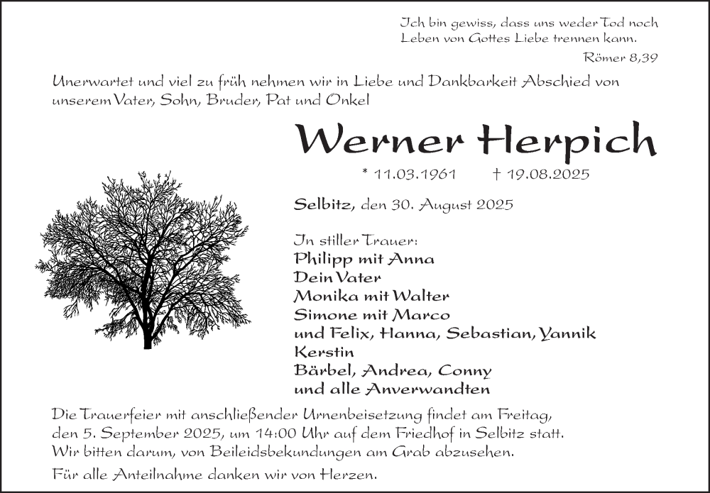  Traueranzeige für Werner Herpich vom 30.08.2025 aus Frankenpost