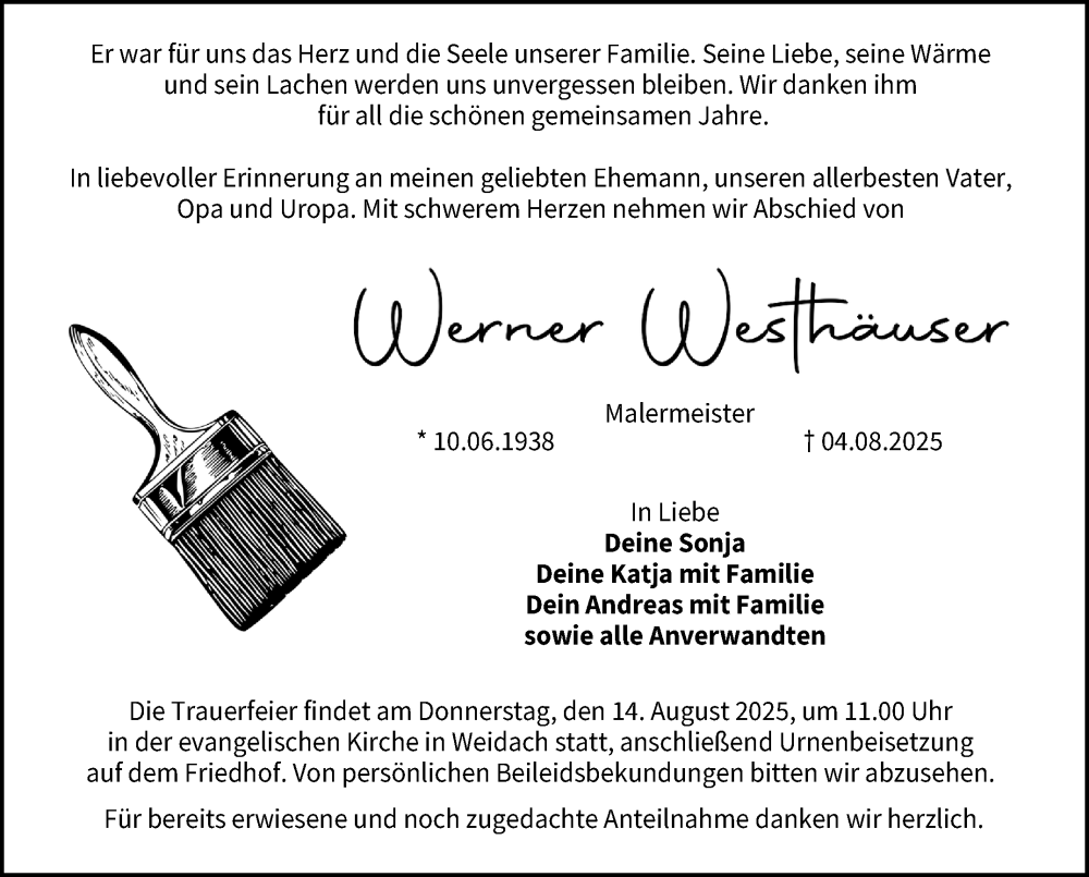  Traueranzeige für Werner Westhäuser vom 09.08.2025 aus Neue Presse Coburg