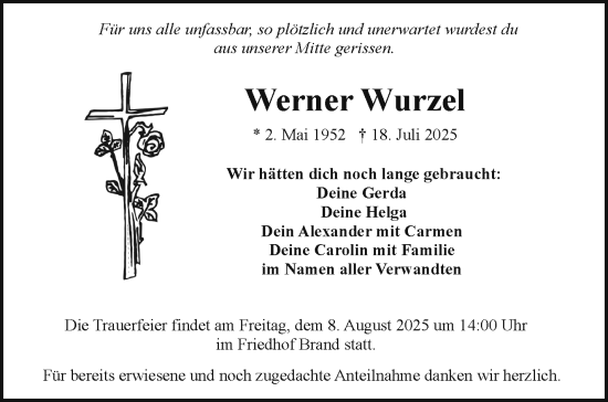 Traueranzeige von Werner Wurzel von Frankenpost