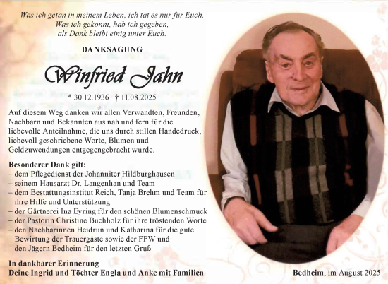 Traueranzeige von Winfried Jahn von Südthüringer Presse