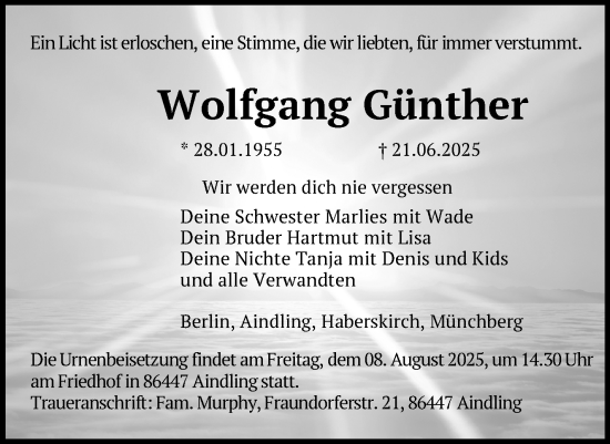 Traueranzeige von Wolfgang Günther von Frankenpost