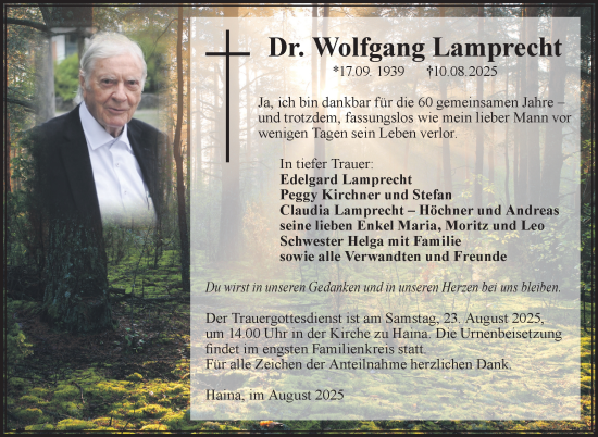 Traueranzeige von Wolfgang Lamprecht von Südthüringer Presse