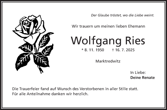 Traueranzeige von Wolfgang Ries von Südthüringer Presse