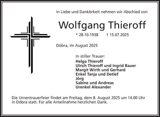 Traueranzeige von Wolfgang Thieroff von Frankenpost