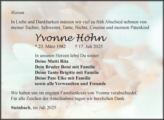 Traueranzeige von Yvonne Höhn von Südthüringer Presse