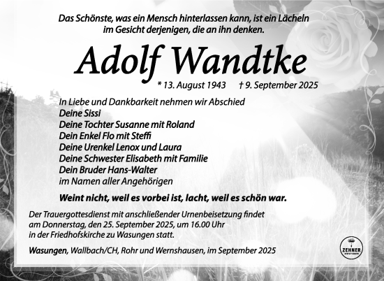 Traueranzeige von Adolf Wandtke von Südthüringer Presse