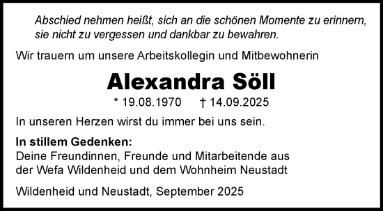Traueranzeige von Alexandra Söll von Neue Presse Coburg