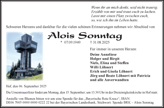 Traueranzeige von Alois Sonntag von Frankenpost