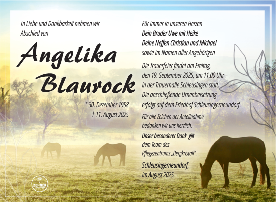 Traueranzeige von Angelika Blaurock von Südthüringer Presse