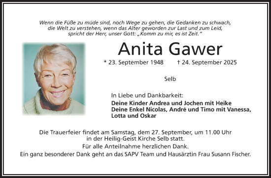 Traueranzeige von Anita Gawer von Frankenpost