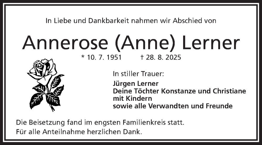  Traueranzeige für Annerose Lerner vom 20.09.2025 aus Frankenpost
