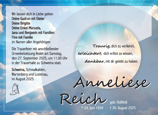Traueranzeige von Annliese Reich von Südthüringer Presse