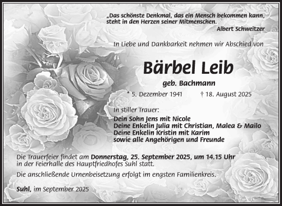 Traueranzeige von Bärbel Leib von Südthüringer Presse