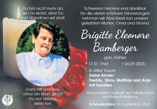 Traueranzeige von Brigitte Eleonore Bamberger von Südthüringer Presse