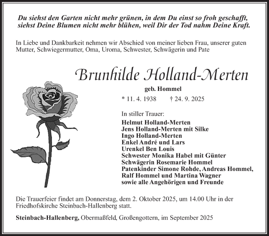 Traueranzeige von Brunhilde Holland-Merten von Südthüringer Presse
