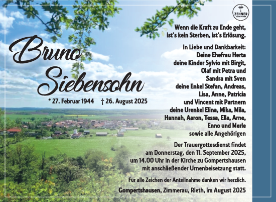 Traueranzeige von Bruno Siebensohn von Südthüringer Presse