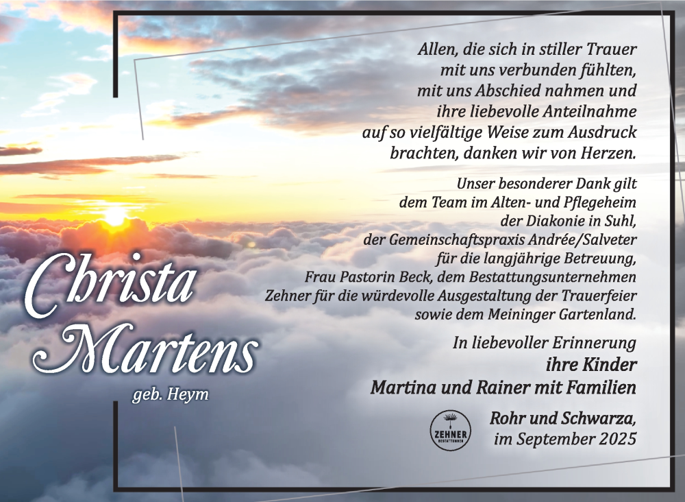 Traueranzeige für Christa Martens vom 13.09.2025 aus Südthüringer Presse