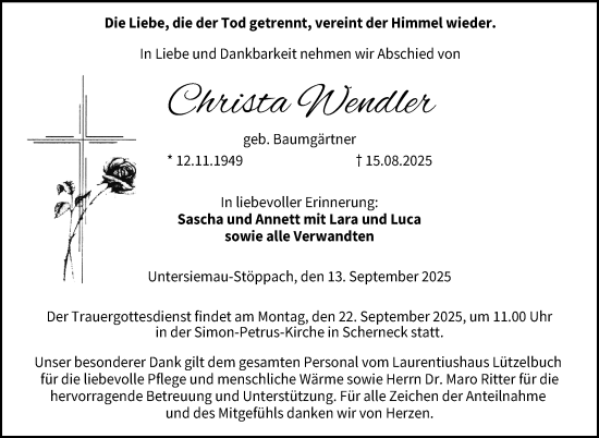 Traueranzeige von Christa Wendler von Neue Presse Coburg