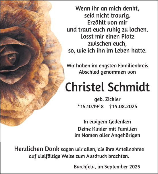 Traueranzeige von Christel Schmidt von Südthüringer Presse