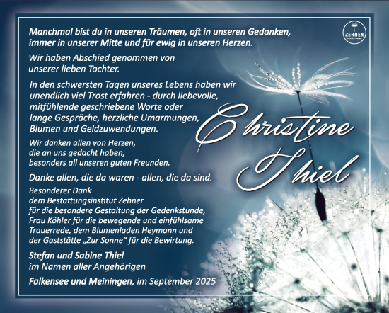 Traueranzeige von Christine Thiel von Südthüringer Presse