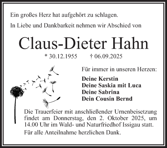 Traueranzeige von Claus-Dieter Hahn von Frankenpost