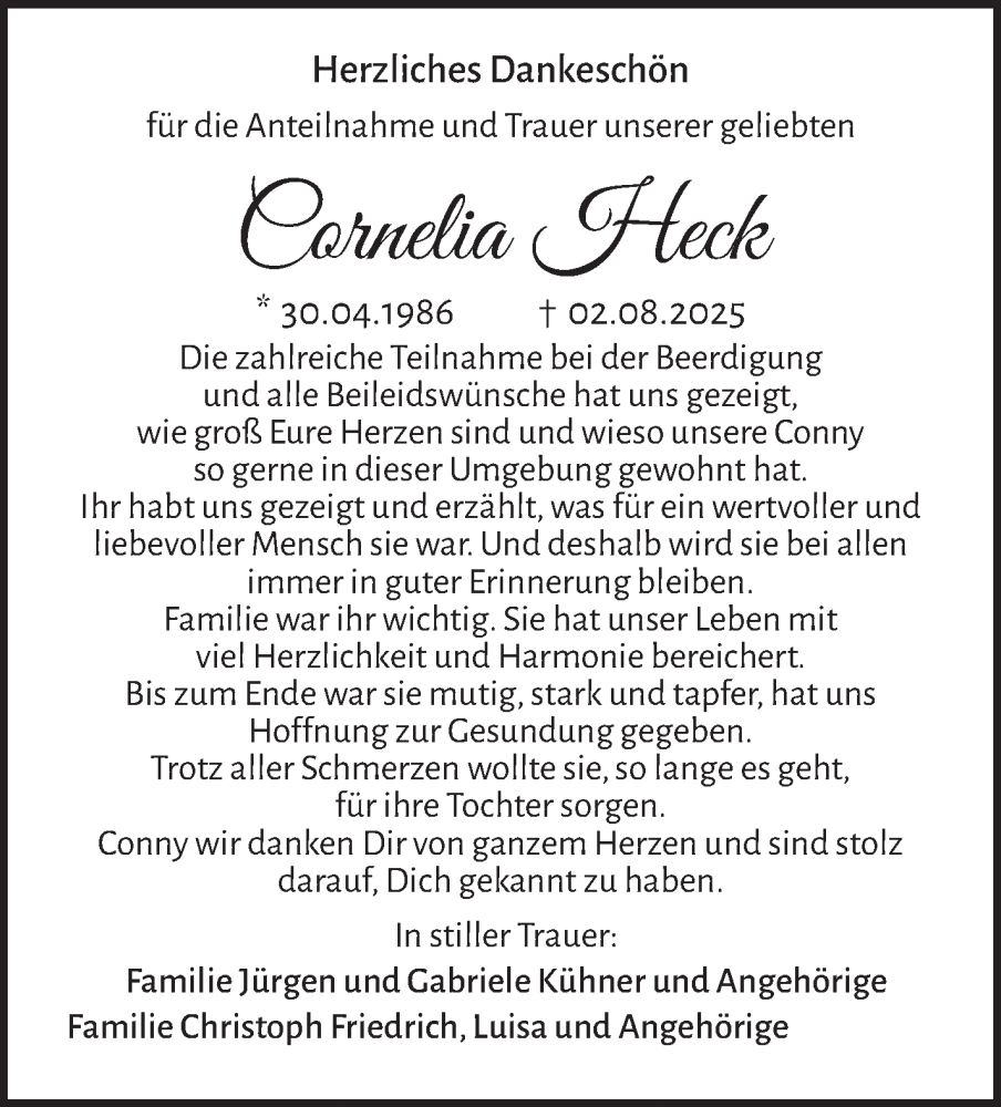  Traueranzeige für Cornelia Heck vom 27.09.2025 aus Südthüringer Presse