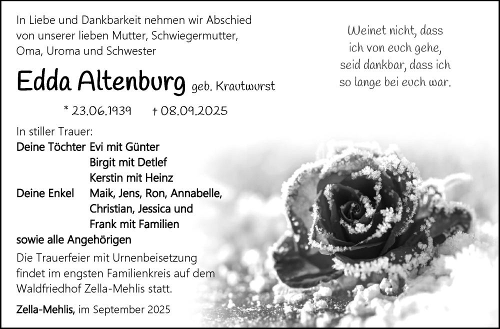  Traueranzeige für Edda Altenburg vom 23.09.2025 aus Südthüringer Presse