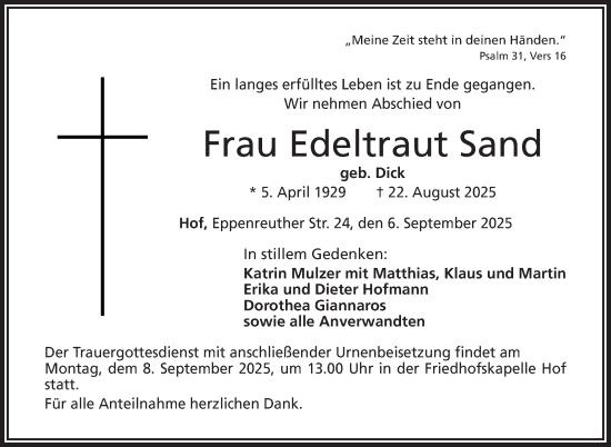 Traueranzeige von Edeltraut Sand von Frankenpost