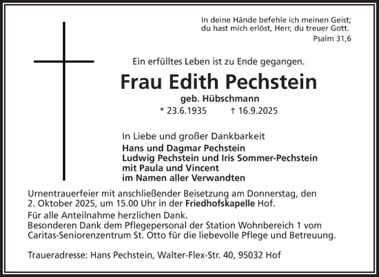 Traueranzeige von Edith Pechstein von Frankenpost