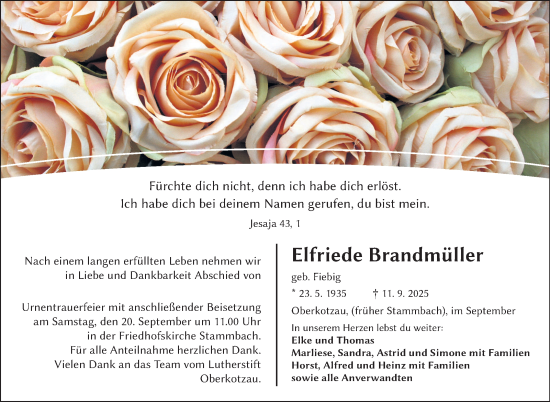 Traueranzeige von Elfriede Brandmüller von Frankenpost