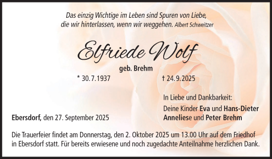 Traueranzeige von Elfriede Wolf von Neue Presse Coburg