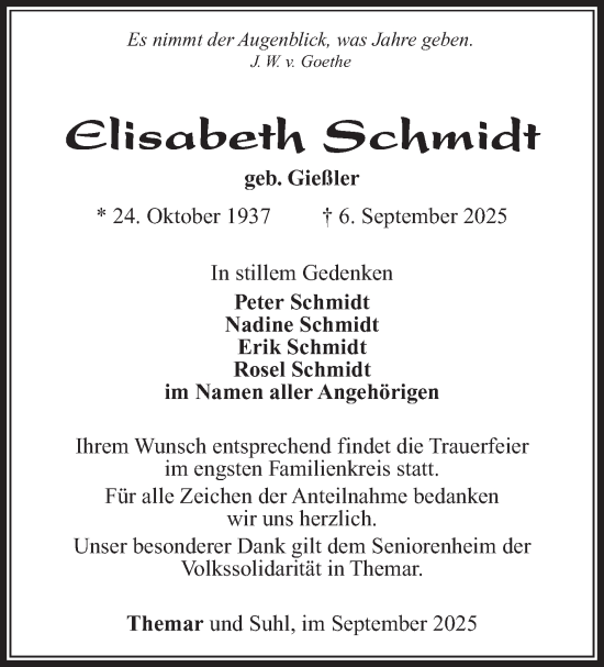 Traueranzeige von Elisabeth Schmidt von Südthüringer Presse