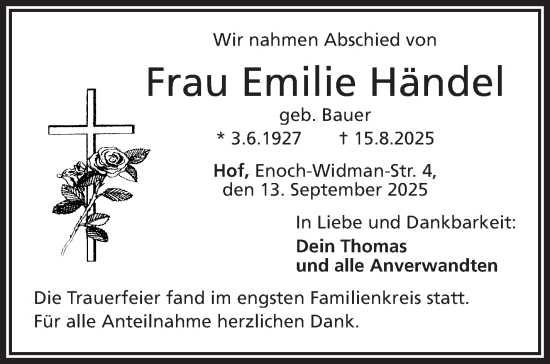 Traueranzeige von Emilie Händel von Frankenpost