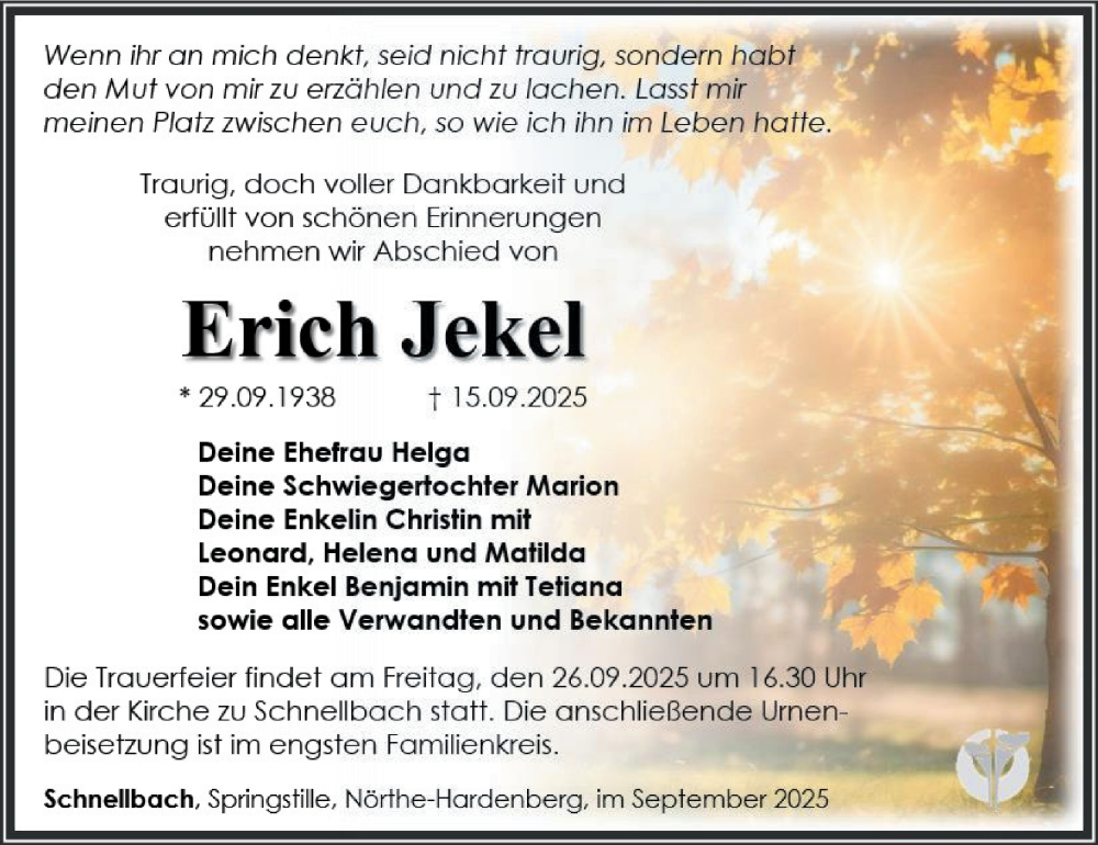 Traueranzeige für Erich Jekel vom 19.09.2025 aus Südthüringer Presse