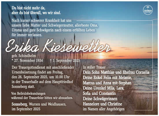 Traueranzeige von Erika Kiesewetter von Südthüringer Presse
