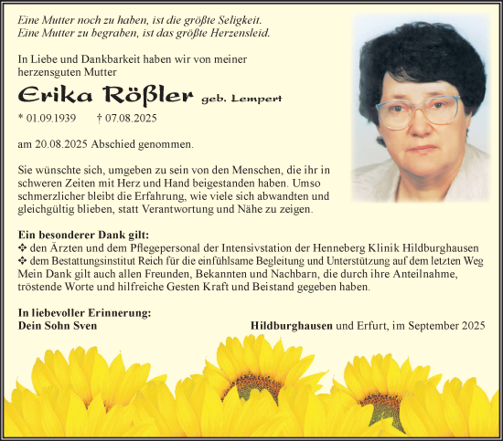 Traueranzeige von Erika Rößler von Südthüringer Presse