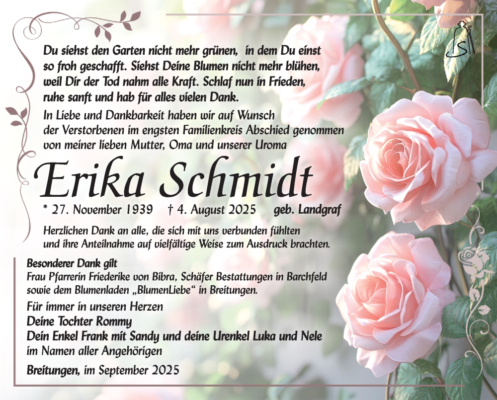  Traueranzeige für Erika Schmidt vom 05.09.2025 aus Südthüringer Presse