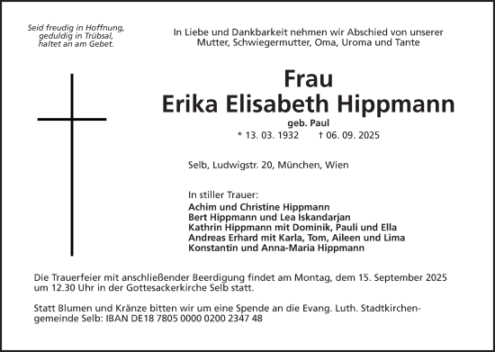 Traueranzeige von Erika Elisabeth Hippmann von Frankenpost