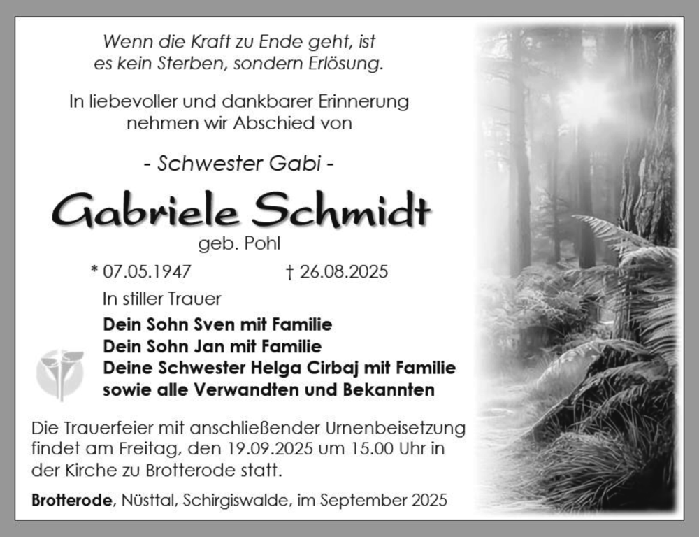  Traueranzeige für Gabriele Schmidt vom 06.09.2025 aus Südthüringer Presse